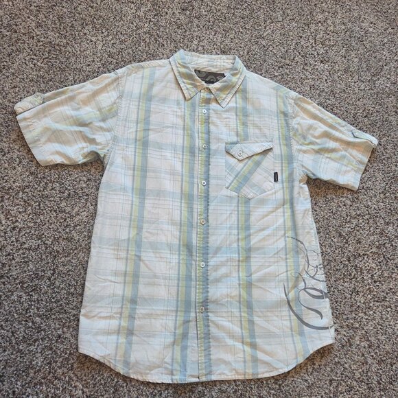 Prana Short Sleeve Button up Shirt Mens L Plaid Pocket Surf Casual Hiking Nature - Picture 1 of 10